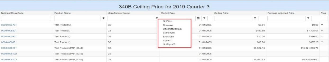 Product Search page with filter options